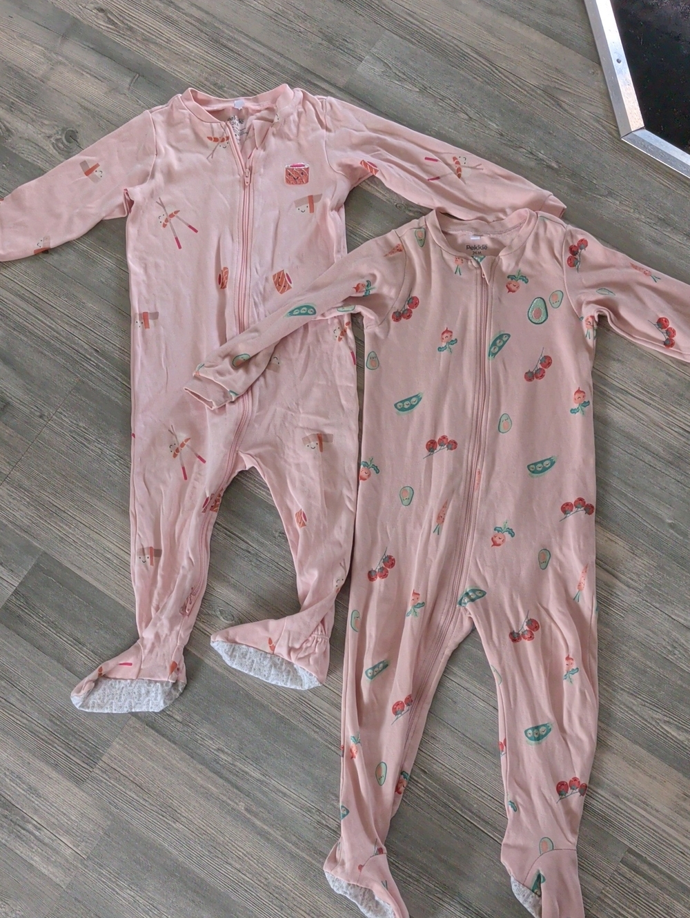 2 Pekkle Pink Vegetable And Sushi-Print Zip Front Kids One-Piece Sleeper
